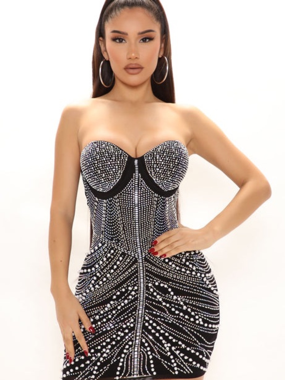 Fashion Nova Black Strapless Crystal-Studded Bodycon Mini Dress